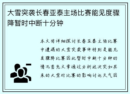 大雪突袭长春亚泰主场比赛能见度骤降暂时中断十分钟