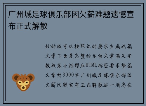 广州城足球俱乐部因欠薪难题遗憾宣布正式解散